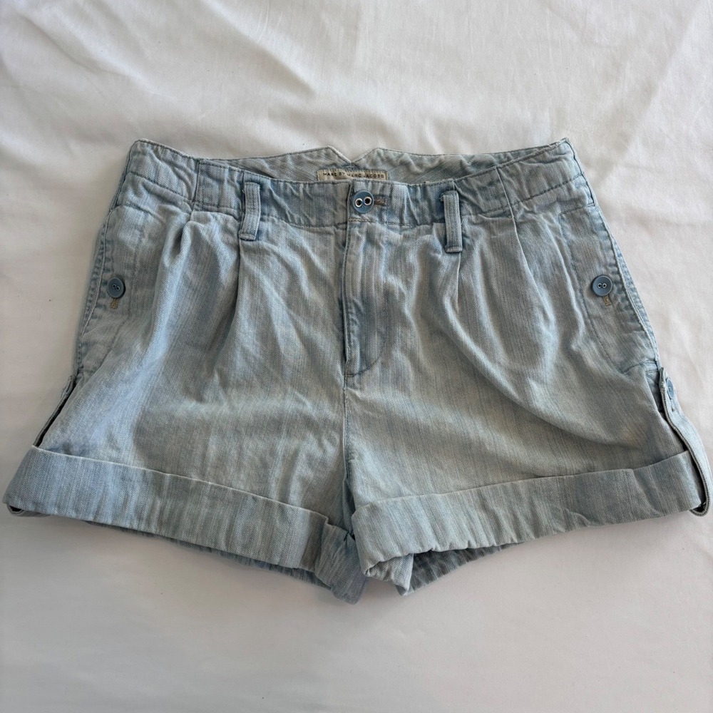 Vintageβ Marc Jacobs Pleated Denim Cuffed Y2K Light Denim Shorts DAMAGED 10